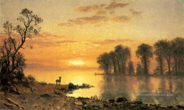 Albert Bierstadt œuvres - Coucher de soleil Deer et River Albert Bierstadt